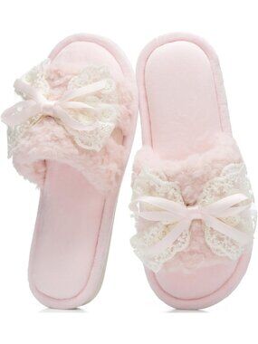 Women's Pink Open Toe Memory Foam Slippers With Lace Bow Non-Slip Fuzzy Shoes